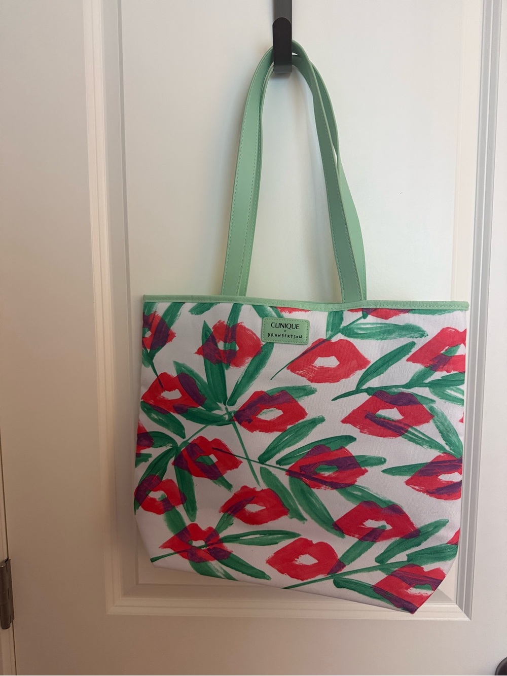 Clinique x Drawbertson Lip Print Reusable Tote Bag Mint Green